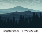 Vector landscape with misty mountains, forest and clouds. 