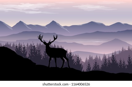 Vector landscape with misty mountains, forest and silhouette of deer