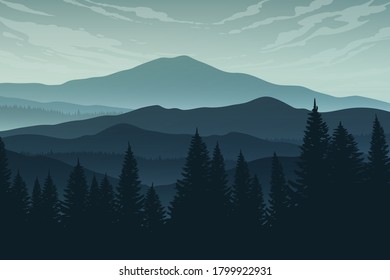 Vector landscape with misty mountains, forest and clouds. 