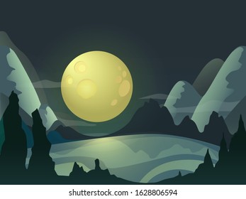 vector landscape with moon, lake and hills