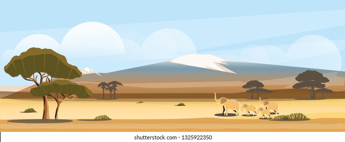 Vector landscape of Mount Kilimanjaro.The highest point in Africa, one of the  best-known mountains in the world to climbing or trekking.Panorama scene of Savannah Africa with wild life and nature    