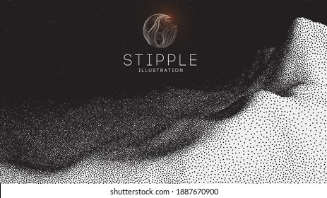 Vector landscape of mountain in dotwork style. Stipple illustration design. Old retro dot texture vintage gradient. Pointillism graphic. Grain terrain wallpaper.