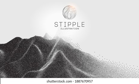 Vector landscape mountain in dotwork style  Stipple illustration design  Old retro dot texture vintage gradient  Pointillism graphic  Grain terrain wallpaper 