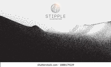 Vector landscape of mountain in dotwork style. Stipple illustration design. Old retro dot texture vintage gradient. Pointillism graphic. Grain terrain wallpaper.