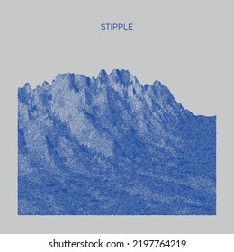 El paisaje vectorial de la montaña en estilo de las obras de arte. Diseño de ilustraciones rígidas. Gradiente vintage de textura de punto retro antiguo. Gráfico de Pointillismo. Papel tapiz del terreno de lluvia.