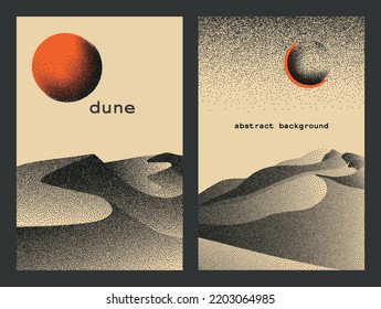 Vector landscape of mountain in dotwork style. Stipple illustration design. Old retro dot texture vintage gradient. Pointillism graphic. Grain terrain wallpaper.