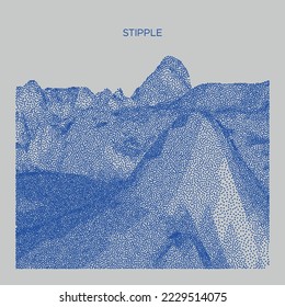 Vector landscape of mountain in dotwork style. Stipple illustration design. Old retro dot texture vintage gradient. Pointillism graphic. Grain terrain wallpaper.