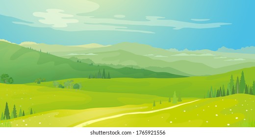 Paisaje vectorial del paisaje montañoso y de los campos verdes