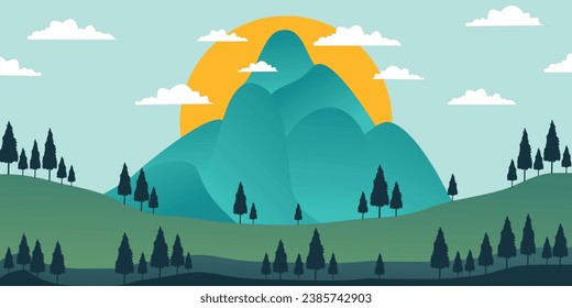 vector landscape mountain illustration shades in flat style, silhouette of Pine trees and bright blue sky and white clouds orange sun