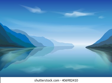 Vector landscape of a mountain lake in the morning. Fog on mountain lake. Vector illustration