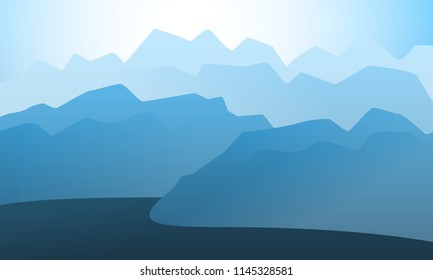 Vector landscape mountain peak horizon travel illustration background. Vacation and extreme outdoor sport recreation morning or night day time painting concept design.