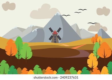 Vector landscape. A mountain range covered with snow and an autumn forest at the foot of the mountains.