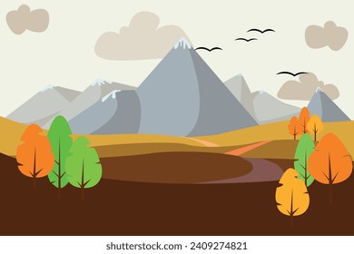 Vector landscape. A mountain range covered with snow and an autumn forest at the foot of the mountains.
