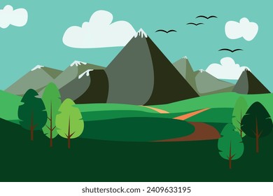 Vector landscape. A mountain range covered with snow and a forest at the foot of the mountains.