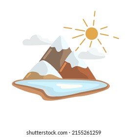 Vector landscape of a mountain range with snowy peaks and a lake on a sunny day. Illustration of three mountains in cloudy weather on a white background isolated.