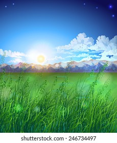 Vector landscape with mountain ranges, clouds, stars and sun shining. Tall grass.