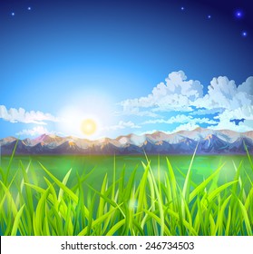 Vector landscape with mountain ranges, clouds, stars and sun shining. Tall grass.