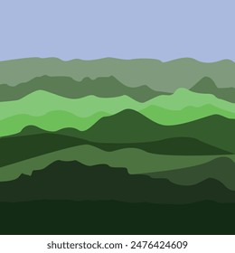 Vector landscape mountain ranges and forest disappear into the fog.