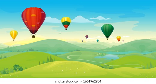 Vector landscape of mountain landscape and river across green fields with color balloons