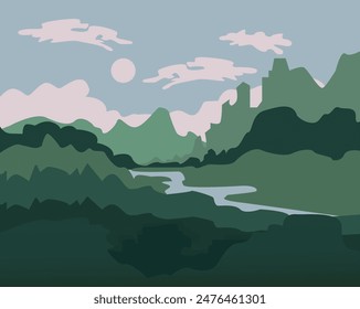Vector landscape of a mountain river and forest at the foot of the hills.