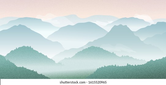 Vector landscape with mountain silhouettes in morning fog. Panoramic illustration of rough hills with forest, clouds and sunrise in mountains
