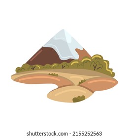 Vector landscape of a mountain with a snowy peak, forests and fields in cartoon style. Illustration of a mountain on a white background isolated