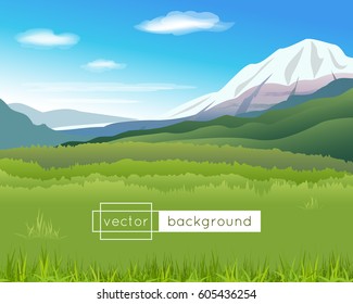 Vector landscape with mountains, blue sky, clouds and green grass in the sunny summer day in gradient colors for use as a template of banner, backdrop, poster or splash screen.