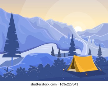 Vector landscape with mountains by the forest and sun lake and tent. Sunset or early sunrise in blue colors. Stylish illustration design.
