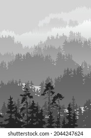 Paisaje vectorial con montañas cubiertas de bosque. Negro y blanco 