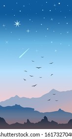 Vector Landscape with mountains, flying birds and a starry night sky. Winter landscape vector illustration