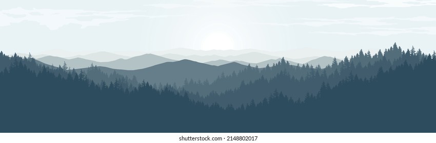 Vector landscape of mountains with fog and pine forest in the morning.