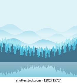 Vector landscape of mountains and forest by the lake