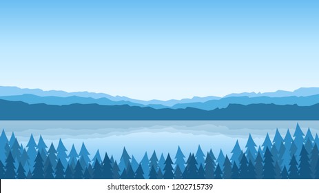 Vector landscape of mountains and forest by the lake
