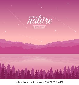 Vector landscape of mountains and forest by the lake