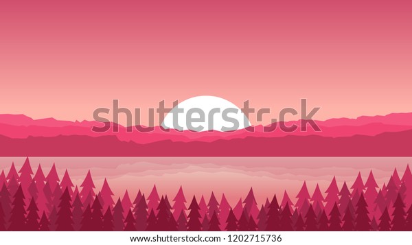 Vector landscape of mountains and forest by the lake, 3d pink mural wallpaper. 