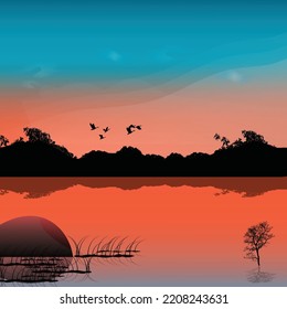 Vector landscape with mountains forest and flying birds at sunrise outdoor wild nature environment