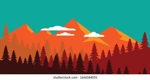 Paisaje vectorial de montañas y bosques por la mañana con pequeñas nubes. vector de belleza natural.