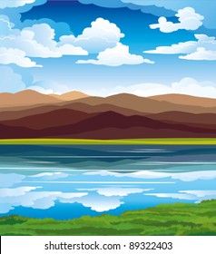 Vector landscape with mountains, green grass and blue lake on a sky background
