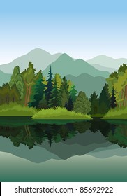 Vector landscape with mountains, green trees and blue lake on a sky background