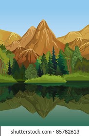 Vector landscape with mountains, green trees and blue lake on a sky background
