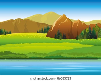 Vector landscape with mountains, green trees and blue lake on a sky background