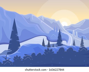 
Vector landscape with mountains lake forest and sun. Sunset or early sunrise in blue colors. Stylish illustration design.
