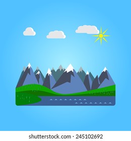 Vector landscape with mountains, lake and forest