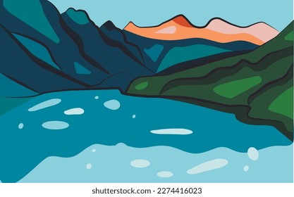 Vector landscape, mountains and lake with glaciers