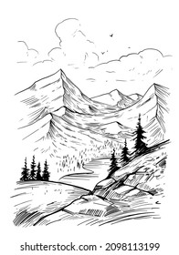 Vector landscape with mountains, lake, trees. Hand drawn sketch illustration 