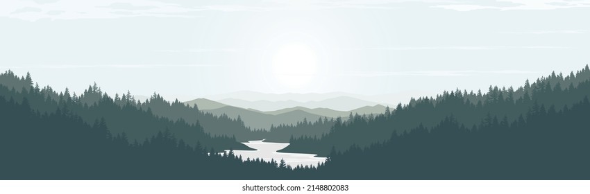 Vector landscape of mountains and lakes. Pine forest in the morning.