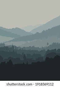 Paisaje vectorial con montañas y pueblo pequeño en tonos verdes