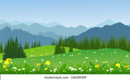 Vector landscape of mountains and meadow flowers