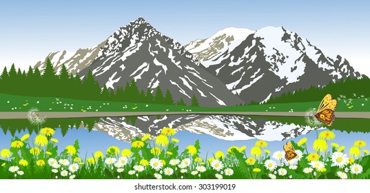 Vector landscape of mountains and meadow flowers at shore of the lake. Alpine valley.