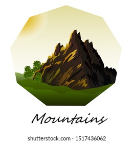 Vector landscape with mountains and river for design.Mountains and trees in a vector landscape.